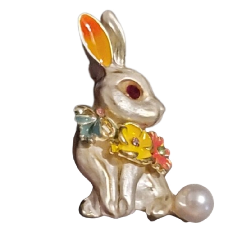 Vintage Bunny Brooch Pendant Enamel Floral Rhinestone Easter Rabbit Pin Silver